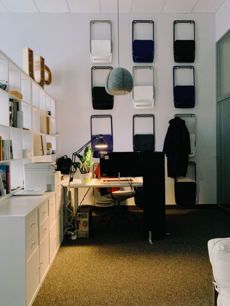 Desk dimensions shown on a compact desk with shelves